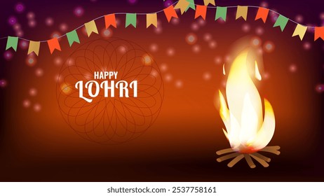 Feliz festival indiano de férias de Lohri fogueira brilhante. Decorações bandeiras coloridas. Gratidão pela colheita. Cartaz de banner de cartão de convite de design. Ilustração vetorial.