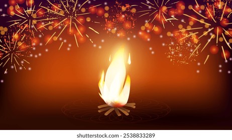 Feliz festival indiano de férias de Lohri fogueira brilhante e fogos de artifício. Gratidão pela colheita. Cartaz de banner de cartão de convite de design. Ilustração vetorial.