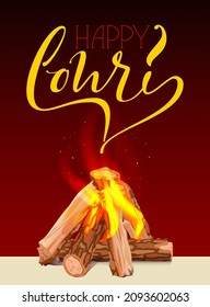 Happy Lohri indian holiday firewood bonfire burn symbol harvest festival. Vector cartoon illustration greeting card template