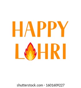 Happy Lohri lettering with fire isolated on white background. Traditional Indian festival of winter solstice. Hindu celebration poster. Vector template for greeting card, invitation, banner, flyer.