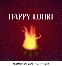 Happy Lohri Lettering With Fire On Dark Background. Indian Traditional Indian Festival Of Winter Solstice. Hindu Celebration Poster. Vector Template For Greeting Card, Party Invitation, Banner, Flyer.