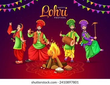 Happy Lohri and Makar Sankaranti. Indian Punjabi festival of Lohri celebration fire background with decorated drum, bhangra dancers, and bonfire with festival elements