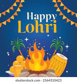 Happy Lohri post design for social media featuring a bonfire, sugarcane, drums, and sweets on a blue background. Perfect for typography posts, festival greetings, and Punjabi cultural celebrations.