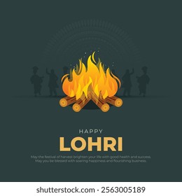 Happy Lohri Post and Greeting Card. Festival of Punjab Lohri Celebration with Fire Vector Illustration