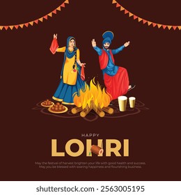 Happy Lohri Post and Greeting Card. Festival of Punjab Lohri Celebration with Punjabi Couple Dancing Vector Illustration