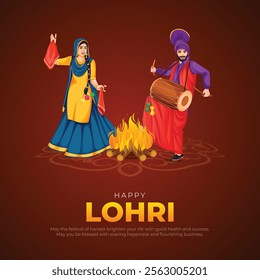 Happy Lohri Post and Greeting Card. Festival of Punjab Lohri Celebration with Punjabi Couple Dancing Vector Illustration