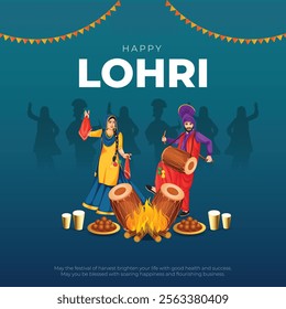 Happy Lohri Post and Greeting Card. Festival of Punjab Lohri Celebration with Punjabi Couple Dancing Vector Illustration