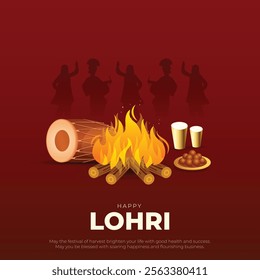 Happy Lohri Post and Greeting Card. Festival of Punjab Lohri Celebration with Fire, Dhol, and Lassi Vector Illustration