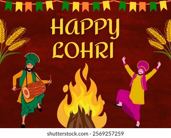 Happy Lohri poster with bonfire in the middle in maroon background with yellow text, Two punjabi sikh men doing Bhangra(dancing), Lohri background, Vector illustration.