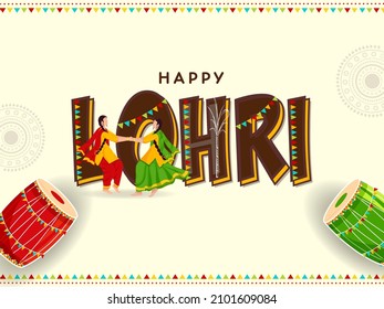 Happy Lohri Poster Design With Punjabi Young Women Doing Giddha Dance, Dhol Instruments And Linear Mandala Pattern On White Background.