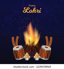 Happy Lohri poster vector illustration. Traditional Harvest Punjab Festival celebration in January. Wheat, dhol, laddu in night sky. Social media post, website, promotion graphic resource background