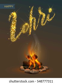 Happy Lohri Punjabi festival. Bonfire on dark background and lettering text. Illustration in vector format