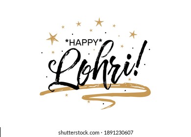 Happy Lohri, Punjabi festival, harvest, bonfires in South Asia. Beautiful greeting card scratched calligraphy black text word gold stars. Lettering white background isolated vector