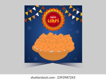 Happy Lohri text with dhole and grain vector template design 