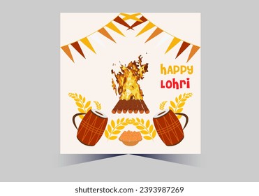 Happy Lohri text with dhole and grain vector template design 