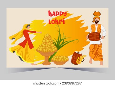 Happy Lohri text with dhole and grain vector template design 