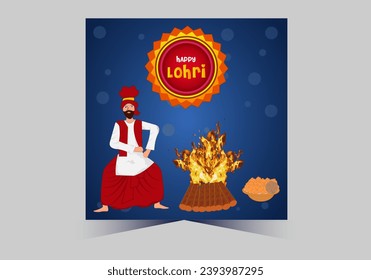 Happy Lohri text with dhole and grain vector template design 