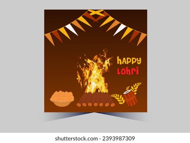 Happy Lohri text with dhole and grain vector template design 