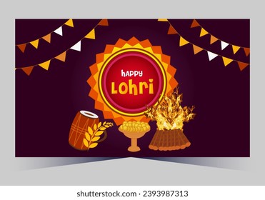 Happy Lohri text with dhole and grain vector template design 