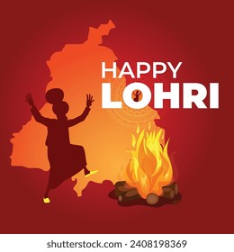 Happy Lohri text. Indian sikh festival background. Bhangra arround bonfire. Greeting card, poster banner design. Dancing. Punjabi. Lohdi. Isolated Vector design. social media poster, printable design.