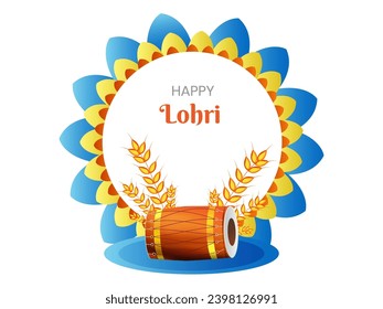 Happy Lohri Text Over Mandala Frame with Wheat Ears and Dhol Instrument Illustration for Harvest Festival Celebration Concept.