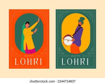 Feliz texto de Lohri con bailes punyabíes y mujeres bailando y el vector de fondo del festival indio para diseño de pancartas, publicaciones en medios sociales y diseño de tarjetas de invitación.