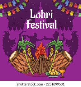 happy lohri theme hand drawn square size illustration design