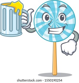 Happy lollipop holding a glass with juice