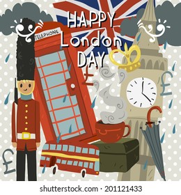 Happy London Day greeting card. Vector postcard for holidays, ui, web games, tablets, wallpapers, and patterns.