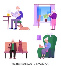 Happy lonely old people having a good time doing hobby, enjoy life with pet. Elderly women are sitting in armchair with cats and knitting, watering indoor flowers. Vector illustrations set