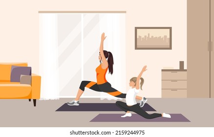 Happy Long Brown Hair Woman, Daughter Practice Fitness Together, Sport Exercise Home, Family Workout. Sporty Healthy Active Girls Pig Tail, Yoga Stretching, Lunges Lifting Arms. Vector Illustration