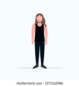 happy long haired man standing pose smiling guy wearing trendy clothes male cartoon character full length flat white background