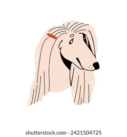 Happy longhair Borzoi muzzle. Purebred puppy of Afghan Hound portrait. Cute face of fluffy dog. Funny Sighthound pup. Amusing canine pet avatar. Flat isolated vector illustration on white background