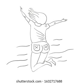Happy long-haired girl jumping, laughing, wearing shorts and a T-shirt. Side view of a woman jumping with joy and excitement, arms up in the air. Flat isolated vector illustration on white background.