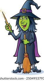 Happy looking Halloween cartoon witch character is standing and holding a her magic wand and broomstick.