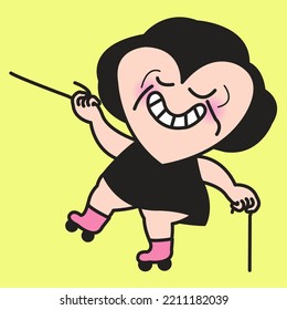 Happy Looking Old Lady With Heart Shaped Face Playing Roller Skates. Young At Heart Concept Card Character illustration