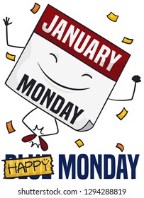 Happy loose-leaf calendar under a confetti shower celebrating the good mood during Blue Monday -banned with yellow tape-.