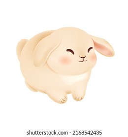 Happy lop eared rabbit. Animal characters for holidays decoration. Cute fluffy bunny on isolated white background. Oriental beige rabbit as a symbol of Chinese New Year 2023. Vector illustration