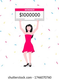 Happy lottery winner with big prize paycheck. Fortune lottery or casino gambling lucky games concept flat style design vector illustration isolated white background. Woman standing up with check.