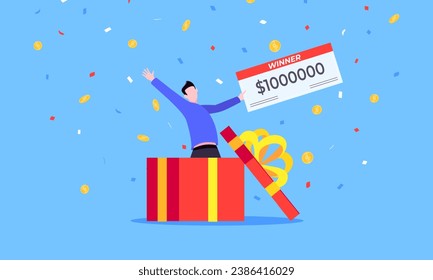 Happy lottery winner with big prize paycheck. Fortune lottery or casino gambling lucky games concept flat style design vector illustration. Person jumps in the air from big gift box.