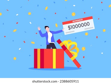Happy lottery winner with big prize paycheck. Fortune lottery or casino gambling lucky games concept flat style design vector illustration. Person jumps in the air from big gift box.