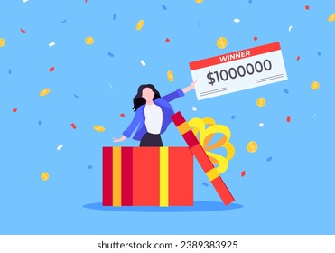 Happy lottery winner with big prize paycheck. Fortune lottery or casino gambling lucky games concept flat style design vector illustration. Person stands in the air from big gift box.