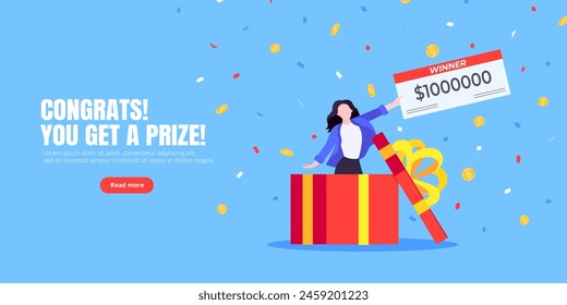 Happy lottery winner with big prize paycheck. Fortune lottery or casino gambling lucky games concept flat style design vector illustration. Woman jumps in the air with trophy cheque.