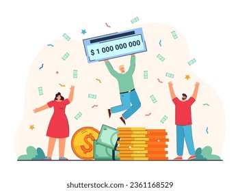 Happy lottery winner with billion prize vector illustration. Cartoon drawing of man jumping with ticket or check, banknotes and gold stacks of coins. Luck, success, lottery concept