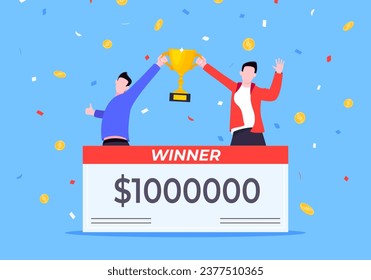 Happy lottery winners with big prize paycheck. Fortune lottery or casino gambling lucky games concept flat style design vector illustration. People jumps in the air with trophy cup.