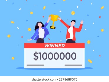 Happy lottery winners with big prize paycheck. Fortune lottery or casino gambling lucky games concept flat style design vector illustration. People jumps in the air with trophy cup.