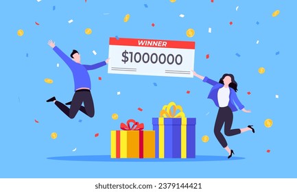 Happy lottery winners with big prize paycheck. Fortune lottery or casino gambling lucky games concept flat style design vector illustration. People jumps in the air with trophy cup.