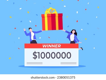 Happy lottery winners with big prize paycheck. Fortune lottery or casino gambling lucky games concept flat style design vector illustration. People jumps in the air with large gift box.