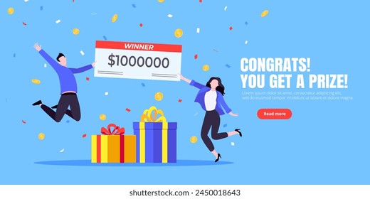 Happy lottery winners with big prize paycheck. Fortune lottery or casino gambling lucky games concept flat style design vector illustration. People jumps in the air with trophy cheque.