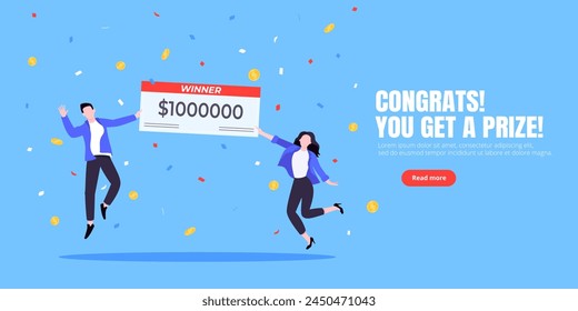 Happy lottery winners with big prize paycheck. Fortune lottery or casino gambling lucky games concept flat style design vector illustration. People jumps in the air with trophy cheque.